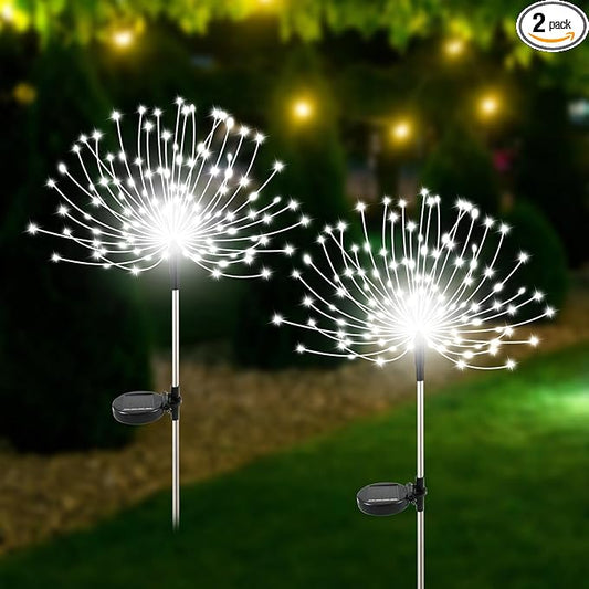 Solar Garden Lights Outdoor Waterproof, 2 Pack 120 LED Solar Firework Lights Decorative Garden Décor Outside for Flowerbed Pathway Party Christmas Decoration, White Slyuexu