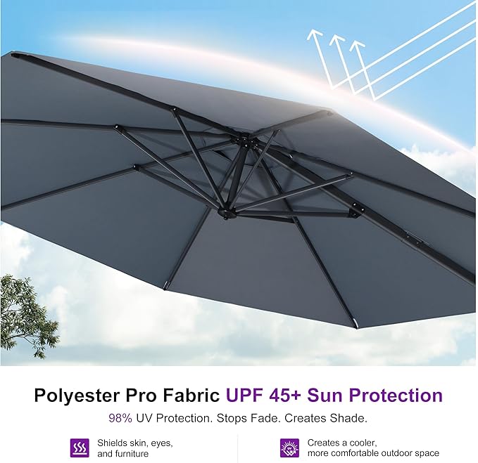 PURPLE LEAF 11 Feet Patio Umbrella Outdoor Cantilever Round Umbrella Aluminum Offset Umbrella with 360-degree Rotation for Garden Deck Pool Patio Light Grey PURPLELEAF