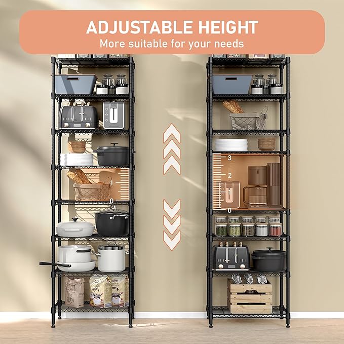 8 Tier 2000 lbs Storage Rack Metal Wire Shelving Unit, Storage Standing Shelf Organizer for Laundry Bathroom Kitchen Pantry Closet Garage Basement Utility Room, Black 13.8" D x 23.6" W x 79.5" H MEIGAOPLASTICANDMETALHKCOLIMITED