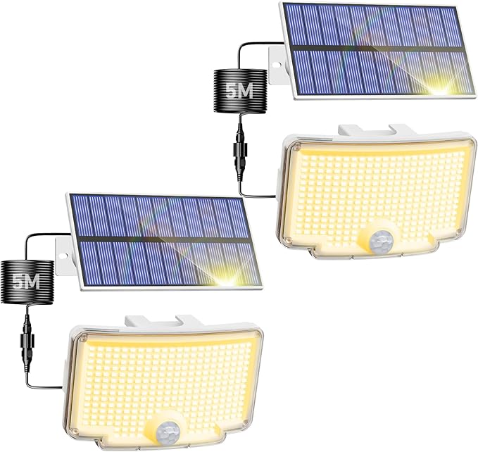 Peasur 2 Pack Solar Motion Lights Outdoor, 318 LED Solar Security Light with 3 Modes, IP65 Waterproof Powered Flood Lights for Outside Garden Backyard，Warm (White Frame) Peasur