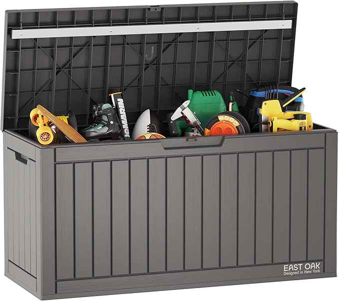 EAST OAK 60 Gallon Deck Box, Outdoor Storage Box with Padlock for Patio Furniture, Patio Cushions, Gardening Tools, Pool Supplies, Waterproof and UV Resistant Resin, Grey
