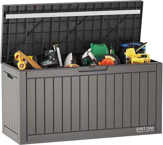 EAST OAK 60 Gallon Deck Box, Outdoor Storage Box with Padlock for Patio Furniture, Patio Cushions, Gardening Tools, Pool Supplies, Waterproof and UV Resistant Resin, Grey