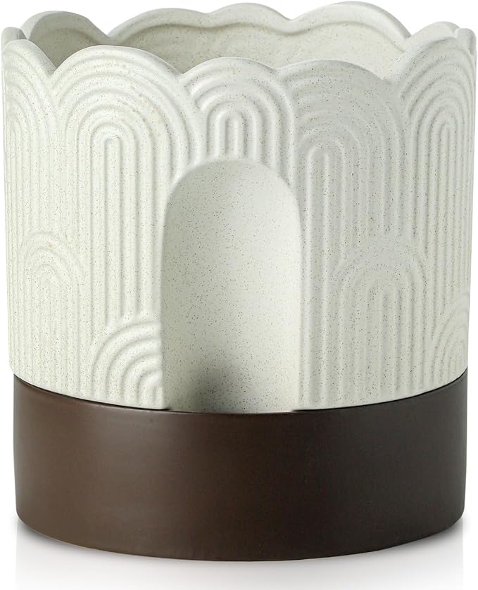 Nihow Self Watering Plant Pot: 8 Inch Ceramic Planter with Drainage Hole & Water Storage Plus - Relief Design Self Watering Pot for Indoor Plants - Beige & Brown Flower Pot Nihow