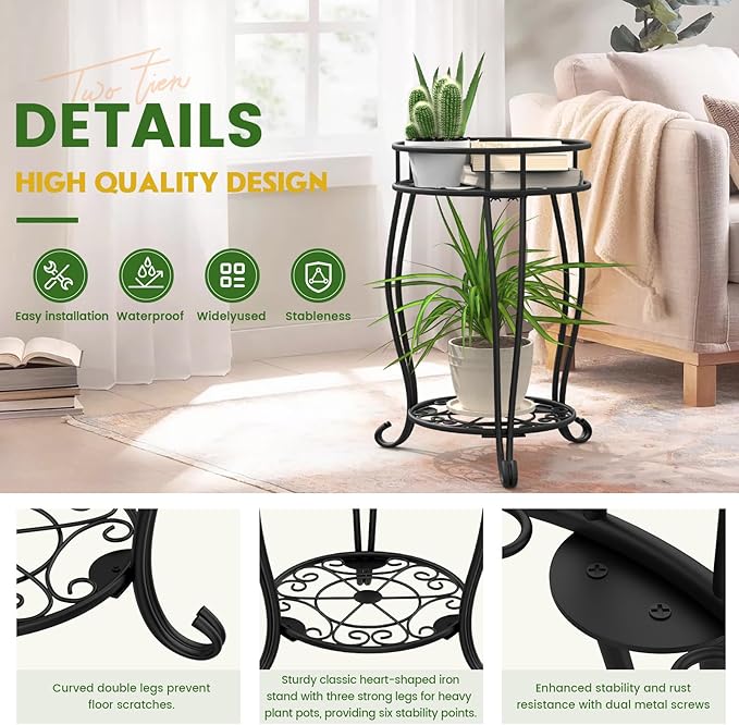 TOSKING 2 Tier Metal Plant Stand Indoor Outdoor , Rustproof Stable Plant Stands Multiple Plant Rack Holder Flower Pot Stand for Living Room Balcony Garden Patio Bedroom (Black, 19.5) TOSKINGESSENCE