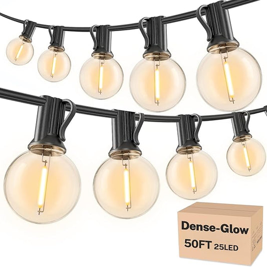 RTTY Dense-Glow Outdoor String Lights 50ft, G40 Led Patio Globe Lights with 26pcs Plastic Bulbs, Shatterproof Waterproof Connectable Hanging for Porch Cafe Bistro Backyard Gazebo Balcony Deck Party RTTY