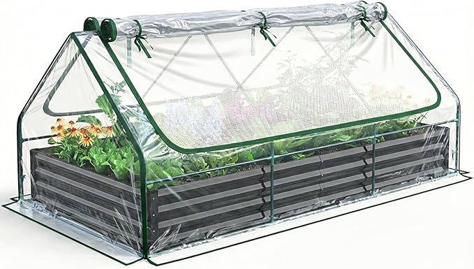 Quictent Raised Garden Bed Galvanized Raised Beds for Gardening Vegetables with Cover 8x4x1 ft Metal Planter Box Outdoor Use (Clear) QUICTENT