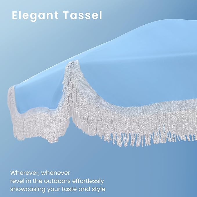 PHI VILLA 7ft Beach Umbrella with Fringe & Sand Anchor, Outdoor Patio Heavy Duty Windproof Portable Tassel Umbrellas for Sand with Push Button Tilt & Carrying Bag, UPF 50+, Light Blue (No Base) PHIVILLAThepioneerofcomfortablehouseholdsupplies