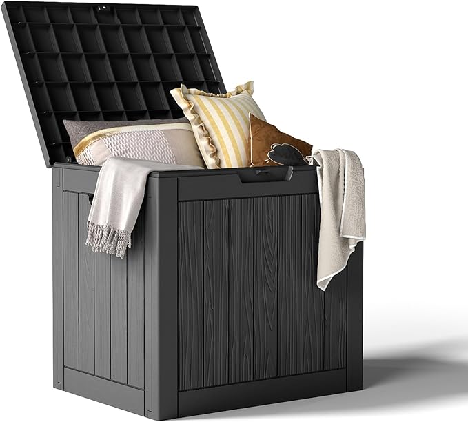 35 Gallon Resin Deck Box with Lockable Latch, Waterproof UV-Resistant Multi-Purpose Outdoor Storage for Patio Cushions, Garden Tools & Package Storage, Black KFY