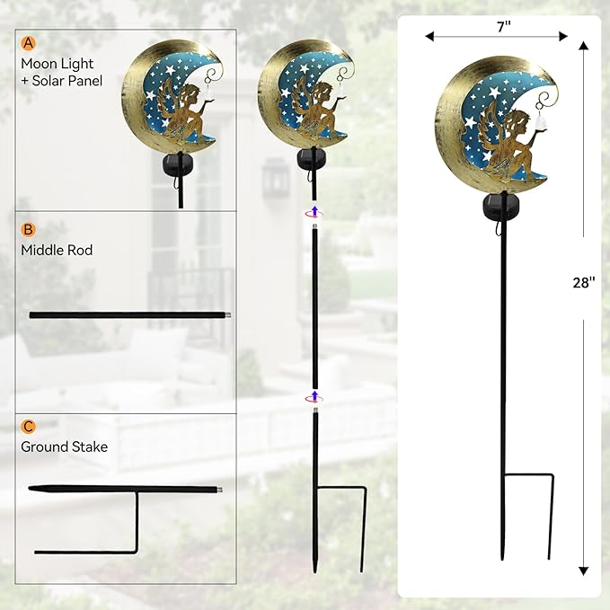 Solar Angel Moon Garden Stake Light – Outdoor Metal Yard Decoration with Crystal Pendant, Waterproof LED Light for Patio, Pathway, Lawn – Rustic Gold & Blue CBAXEAXM