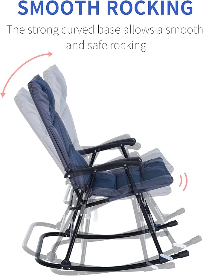 Outsunny Oversized Folding Rocking Camping Chair Set of 2, Padded Outdoor Rockers with High Back and Armrests, Portable Outdoor Patio Chairs with Steel Frame for Garden, Porch, Lawn, Navy Blue Outsunny
