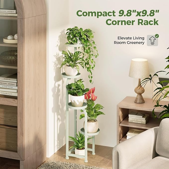 Bamworld Corner Plant Stand Indoor Outdoor, Tall Metal Flower Pot Stands for Multiple Plants, 4 Tier Mint Green Heavy Duty Plant Shelf for Patio Garden Balcony Living Room Bedroom(Patent Design) Bamworld