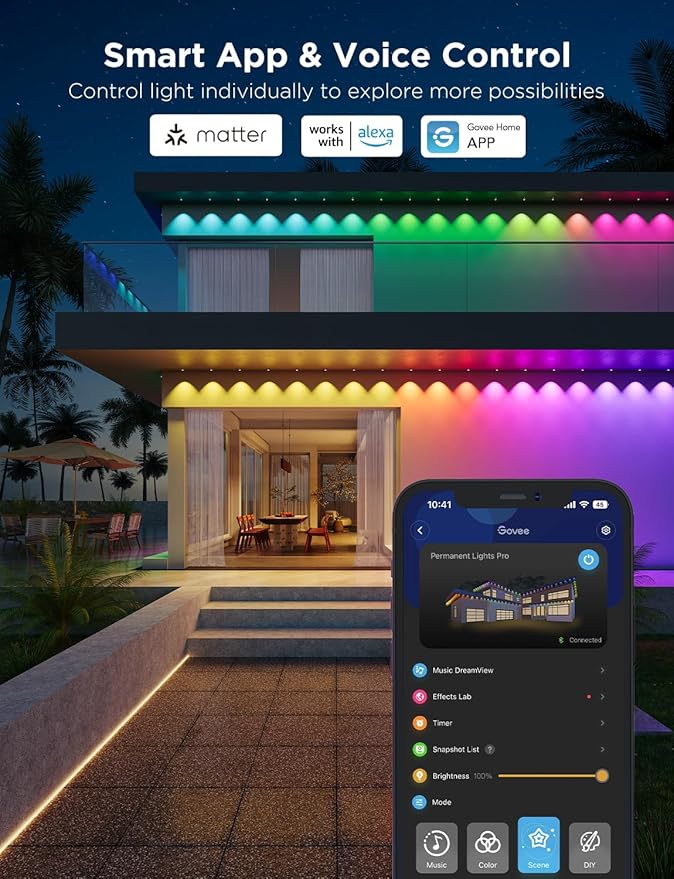 Govee Permanent Outdoor Lights Pro, 100ft with 60 RGBIC LED Lights for Daily and Accent Lighting, 75 Scene Modes for Outdoor Decor, IP67 Waterproof, Works with Alexa, Google Assistant, Matter, Black Govee