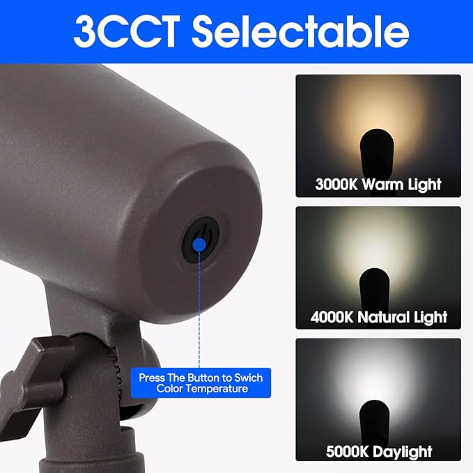 3CCT LED Landscape Lights with Connectors, 12V Low Voltage, 3000K/4000K/5000K Selectable, 3W, 200LM, Outdoor Waterproof Garden Pathway Lights Wall Tree Flag Spotlights with Spike Stand, 8 Pack EENERGETICLIGHTING