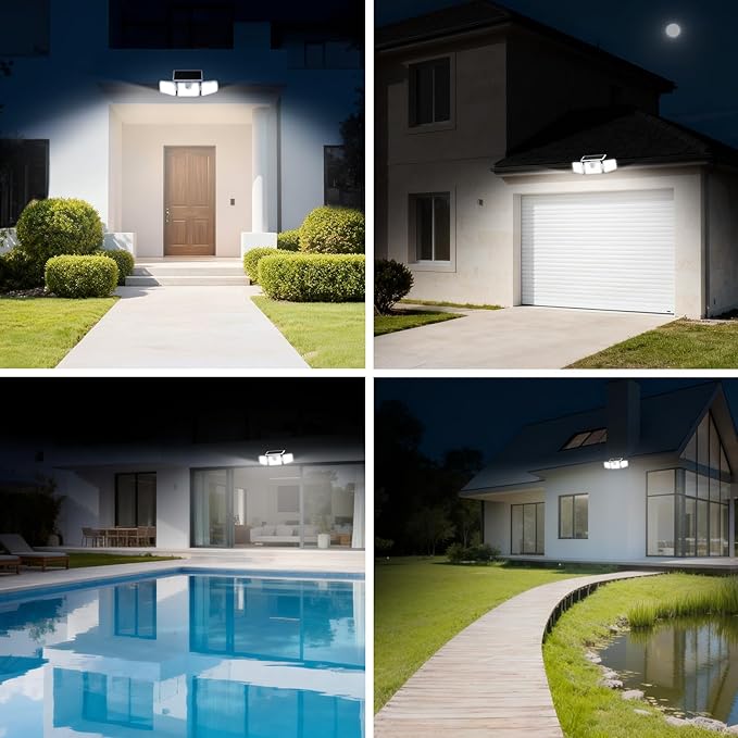 INCX 156 LED Solar Motion Lights Outdoor 2 Pack, 3 Heads Solar Security Lights with Motion Sensor IP65 Waterproof, Flood Lights for Wall, Patio, Garden, Porch, Garage White INCX