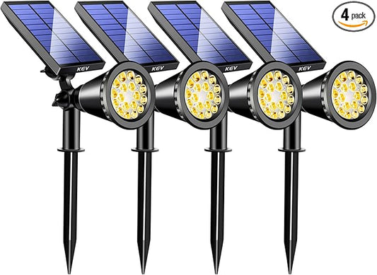 KEV 800 Lumens Solar Spot Lights Outdoor,4 Pack 18 LEDs Solar Flood Lights with 2 Modes &Adjustable &IPX65 Waterproof,Solar Spotlight for Driveway/Backyard/Patio Landscape/Tree/Garage(Warm White) KEV