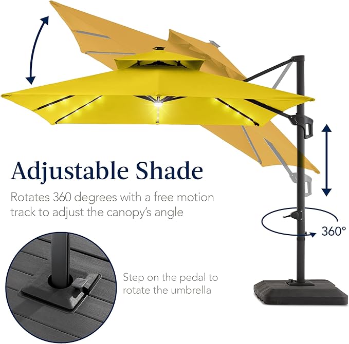 Best Choice Products 9x12ft LED Cantilever Patio Umbrella w/Base Included & 360° Rotation, Large Solar Offset Hanging Outdoor Sun Shade for Deck, Backyard Table w/Stand & Lights – Yellow BestChoiceProducts