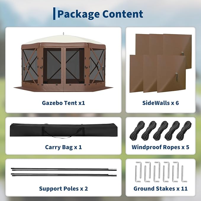 13x13FT 6-Sided Pop Up Gazebo Tent，One-Push Setup Canopy Tent with Removable Canopy Top & Wind Cloths, Outdoor shelter for Camping, Backyard Parties, Outdoor Events - Beige & Khaki GarveeLife