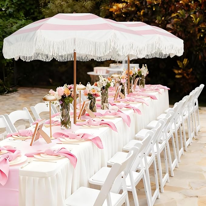 AMMSUN Boho Fringe Umbrella Outdoor Patio, 6.5ft UPF50+ Picnic Umbrella with Tassels with Steel Pole and Push Button Tilt, Pink Stripes AMMSUN