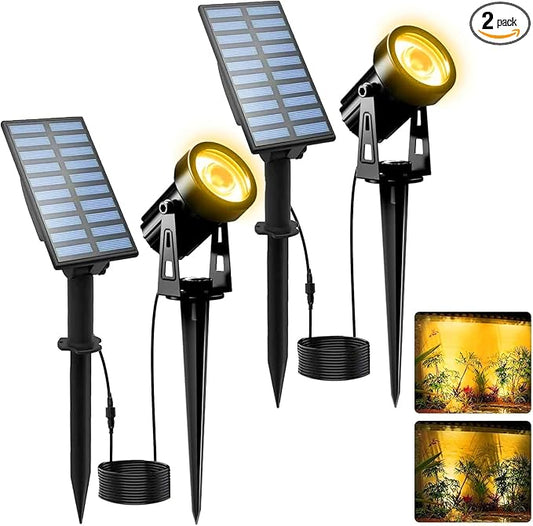 T-SUNUS Christmas Solar Landscape Spotlights 2 Pack Warm White 3000K, IP65 Waterproof Spot Lights 9.8ft Cable, Outdoor Halloween Garden Light Separated Panel for Tree Flag Yard Driveway Walkway Pool T-SUNUSLighting