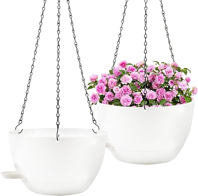 12 inch Hanging Planters for Indoor Plants, 2 Pack Self-Watering Hanging Planter Pots with Chain and Drainage Holes, Outdoor Plastic Hanging Baskets for Garden Home Decor (White, 2pcs/12inch) Rootora