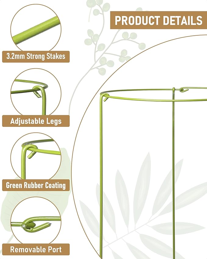 5-Pack Heavy Duty Plant Support Stakes, Metal Plant Ring Cages for Indoor Outdoor Plants, Adjustable Garden Stakes for Peonies, Monstera, Pothos, Hydrangea, Vines & Potted Plant (8" W x 14" H) Rootora