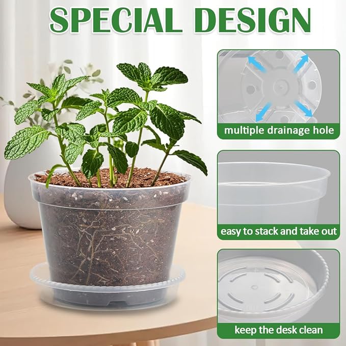 12 Pack 7 Inch Clear Nursery Pots with Saucer, Transparent Plastic Plant Pots with Drainage Holes, Sturdy Plant Starter Pots, Planter Pot for Planting Succulent Flower Herb Vegetable, Gardening Gifts BTPLASTIK