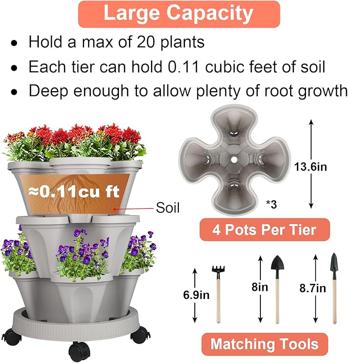 GameXcel Vertical Planter 3 Tier Stackable Planters Garden Planters Strawberry Herb Flower and Vegetable Planter Indoor Outdoor Gardening Pots with Removable Wheels and Tools GameXcel