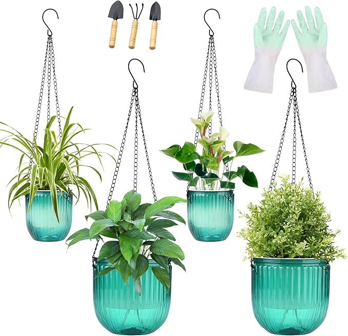 4 Pack Self Watering Hanging Planters with Drainage Holes –Hanging planters for Indoor Plants, Flowers, Succulents – Lightweight, Durable Hanging Baskets Green Rootora