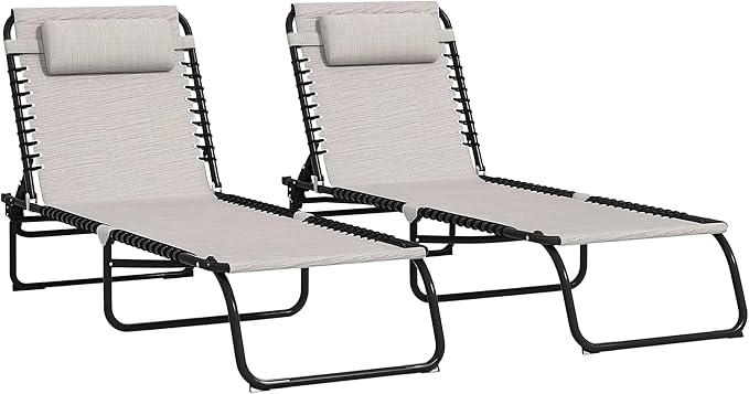 Outsunny Folding Chaise Lounge Chair Set of 2, Patio Sun Tanning Chair, Outdoor Chaise Lounger with 4-Position Reclining Back, Breathable Mesh Seat for Beach, Poolside, Cream Outsunny