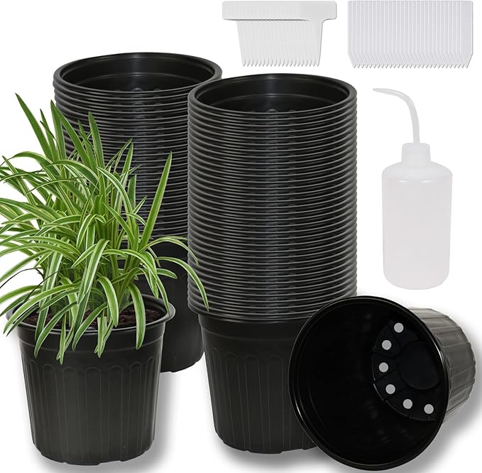 60-Pack 2 Gallon Flexible Plastic Plant Pots with 50Pcs Plant Labels,Thickened Soft Seed Starting Container for Indoor Outdoor Plants, Seedlings, Vegetables, Succulents and Cuttings Niiiice