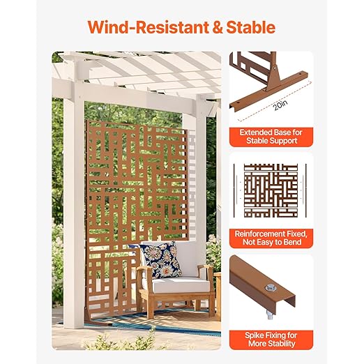 VEVOR Metal Privacy Screen, 47" W x 76" H, Outdoor Privacy Screens 3-Panel, Freestanding Outdoor Divider with Stand, Decorative Garden Steel Privacy Fence for Balcony Patio Indoor Room Hot Tub Brown VEVOR