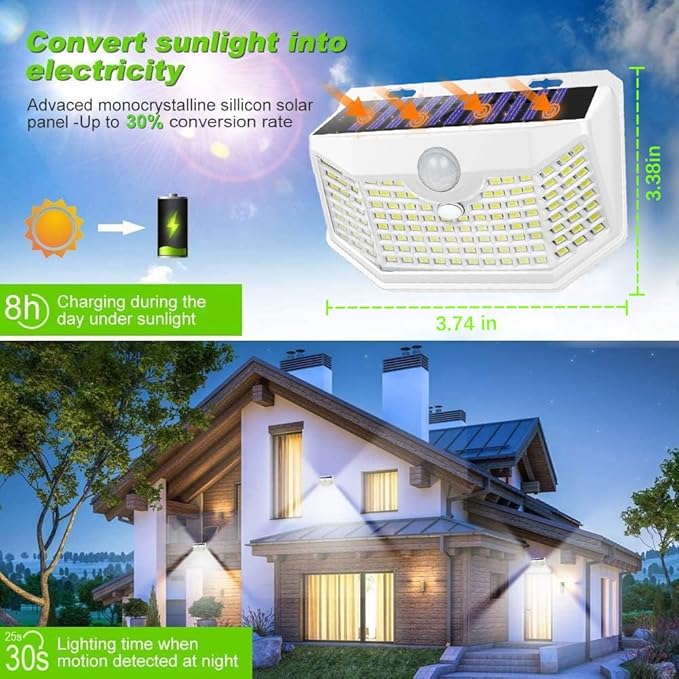 HMCITY 120 LED Solar Lights Outdoor with Motion Sensor and 3 Lighting Modes, IP65 Waterproof Wide Solar Wall Lights Ideal for Garden Patio Yard (Front Button 6Packs, White Shell-Daylight White) LightingUpYourLife