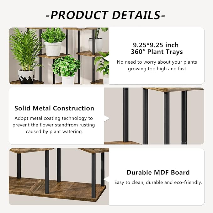 AZERPIAN Plant Stand 9 Tier Indoor Metal Flower Shelf for Multiple Plants Corner Tall Flower Holders for Patio Garden Living Room Balcony Bedroom, Black+Rustic Brown AZERPIAN