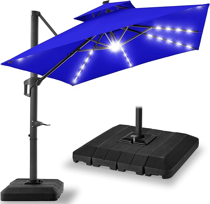 Best Choice Products 10x10ft Cantilever Patio Umbrella w/Base Included, Solar LED Lights 360 Rotation Large Offset Hanging Outdoor Shade for Deck Pool Backyard w/Stand – Resort Blue BestChoiceProducts