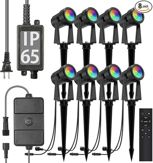 SUNTHIN Outdoor Landscape Lighting with Remote, RGBW Color Changing Spot Uplights, 8 Pack SUNTHIN