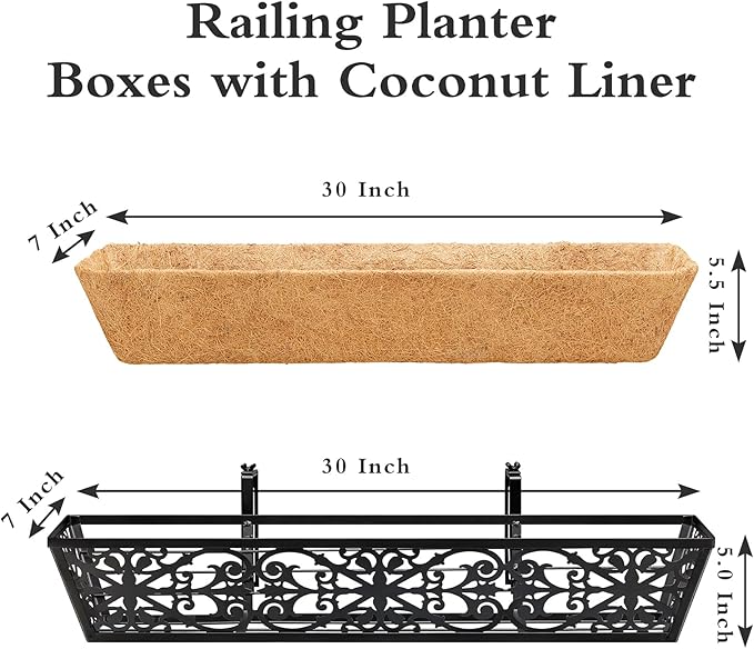 6 Pack 30 Inch Window Boxes Planters Railing Planter Box with Adjustable Brackets & Coco Liners Fabric Plant Grow Bags Deck Railing Planter Boxes Balcony Hanging Flower Box for Outdoor Plants KarlliuHOMEGARDEN