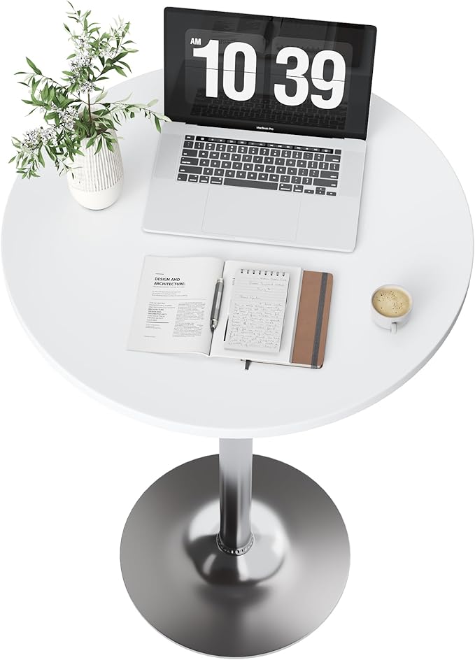 Flamaker Round Bistro Pub Table Modern Style Metal Base MDF Top Cocktail Bar Table Counter Bar Height for Pub, Dining Room, Party (1, White-Silver) Flamaker