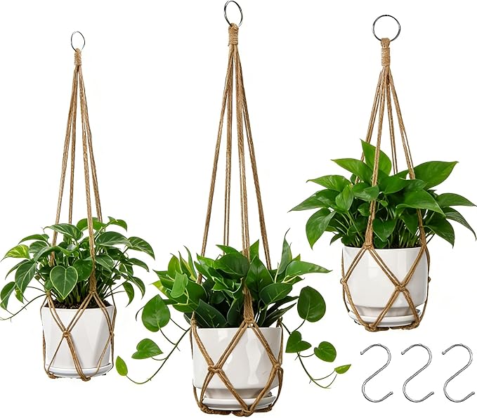 YIBOT 3 Pack Macrame Plant Hanger Indoor Hanging Planter Basket with 3 Hooks, 35"/29"/23" Crochet Plant Holder Stand No Tassels for Indoor Outdoor Boho Home Decor, Brown (POTS NOT Included) YIBOT