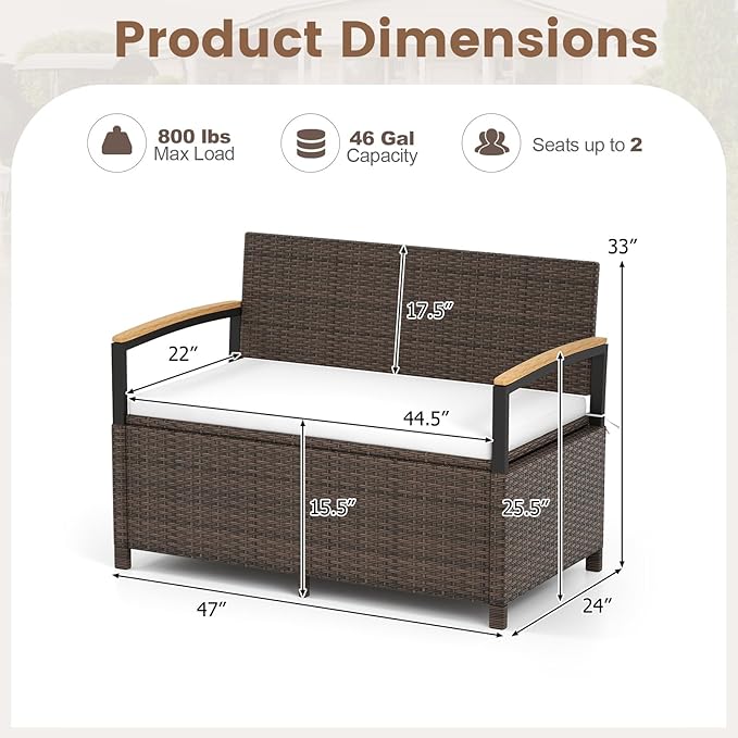 RELAX4LIFE Wicker Outdoor Storage Bench - Rattan Deck Box w/Protective Liner for Patio Furniture Pillows, Pool Supplies & Garden Tools, Porch Loveseat with Seat Cushion, Acacia Wood Armrests RELAX4LIFE