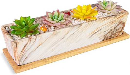 Succulent Pots - 12.1 Inch Large Succulent Pots with Drainage Tray, Window Sill Planter, Long Rectangle Ceramic Pots for Indoor Cactus/Succulent Plants Shallow Bonsai Window Box for Home Garden Decor ARTKETTY