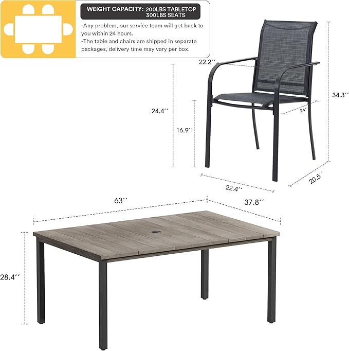 VICLLAX Patio Dining Set for 6, Outdoor Furniture Set Includes 63" Rectangle Patio Table and 6 Patio Sling Chairs, Outdoor Table and Chairs for Outsides, Grey Wood-Like Tabletop and Dark Grey Fabric HOME