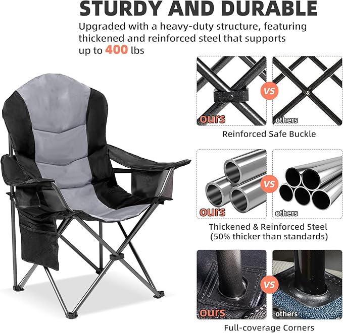 2 Pack Folding Camping Chairs for Adults - High Back Padded Outdoor Lawn Chairs with Lumbar Support & Cup Holder, 400lbs Heavy Duty Portable Camping Chairs Set (Black & Light Gray) Rootora