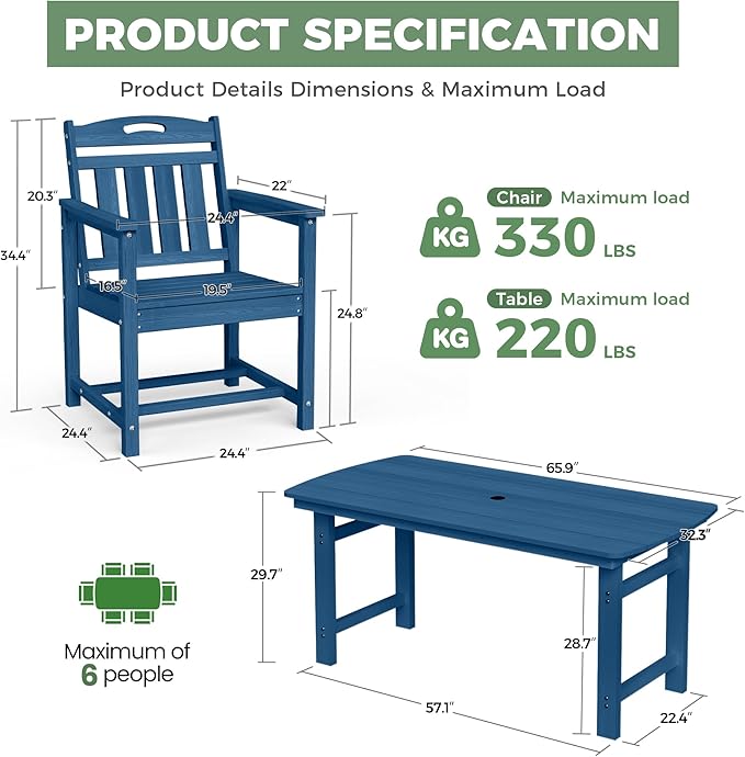 HDPE Outdoor Patio Dining Set with Table & 4 Chairs, All-Weather 5-Piece Outdoor Table and Chairs, 2" Umbrella Hole, Patio Furniture for Garden, Backyard, Deck | Navy Blue Suunyn