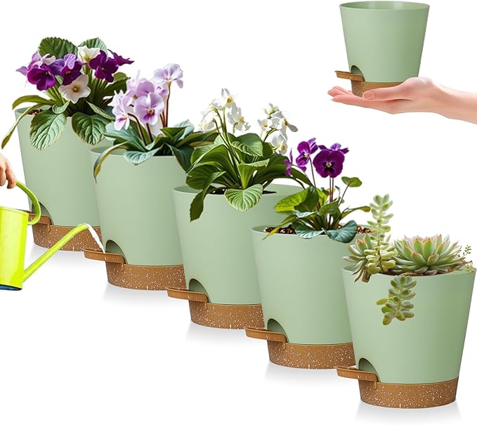 5 Pack 5 inch Self-Watering Pots, African Violets Planter with Drainage Holes and Reservoir, Green Brown Plastic Planter for Indoor Outdoor Plants Flowers and Houseplants Green Brown, 5 inch 5 pcs zople