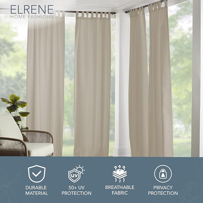 Elrene Home Fashions Matine Weatherproof Tab-Top Indoor/Outdoor Solid Color Curtain Panel for Porch, Pergola, Patio, Deck, 52”W x 95”L, Taupe ElreneHomeFashions