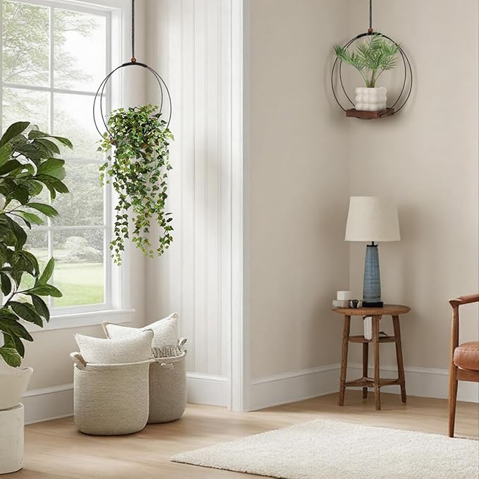 2 Pack Hanging Planters for Indoor Outdoor Plants, 12 Inch Sturdy Wood Base Metal Plant Hanger Modern Boho Minimalist Flower Pot Holder Basket Wall Ceiling Window Stands Home Wall Decor Rootora