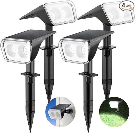Consciot Solar Spot Lights Outdoor Waterproof, 24 LED Dusk-to-Dawn Solar Outdoor Lights, 2 in 1 Adjustable Wall Lights, Daylight Solar Landscape Spotlights for Garden Yard Wall Walkway, 4 Pack Consciot