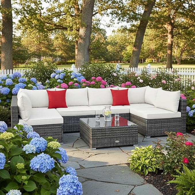 Tangkula 7 Pieces Wicker Patio Furniture Set, All-Weather Outdoor Rattan Sectional Sofa Set with Cushions & Tempered Glass Coffee Table, Outside Sofa Set for Garden, Lawn, Deck, Backyard (White) TANGKULA
