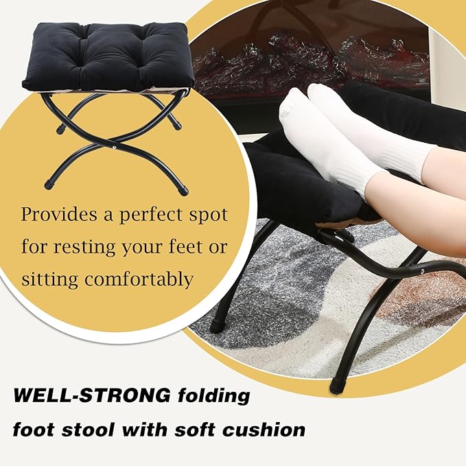 15" Foldable Foot Stool Ottoman with Metal Frame - Washable Black Upholstered Indoor/Outdoor Footrest for Living Room, Bedroom, Patio - Space-Saving Compact Design WELL-STRONG