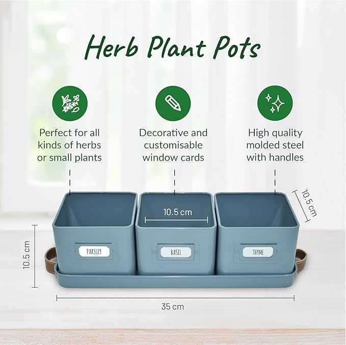volila Herb Planter Indoor - Set of 3 Teal Blue Indoor Herb Garden Pots for Plants with Leather Handled Tray - Window Sill Plant Shelf - Herb Pots with Drainage Holes and Labels volila